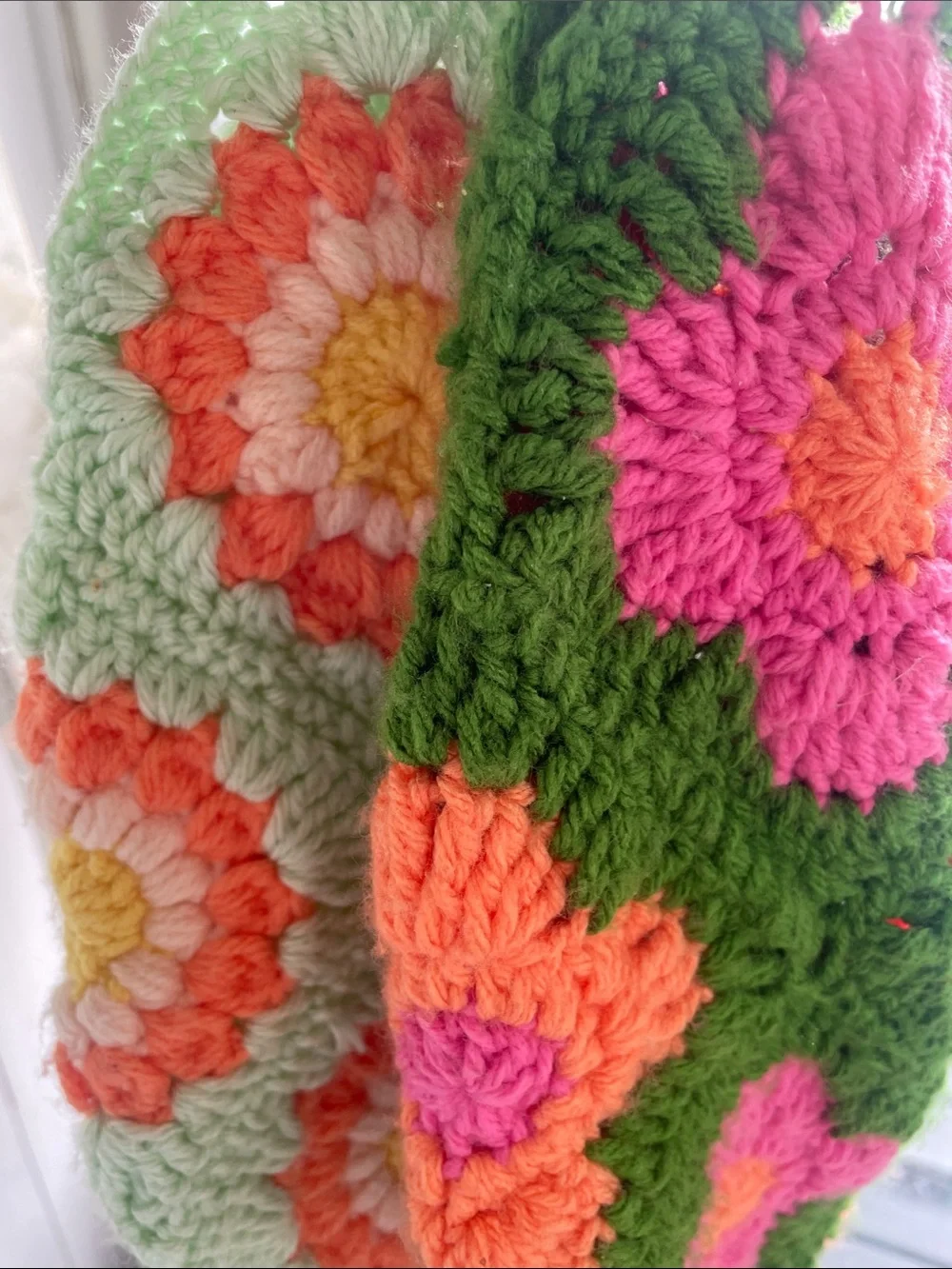 Crochet Floral Tote Bag in Green with Pink & Orange Flowers